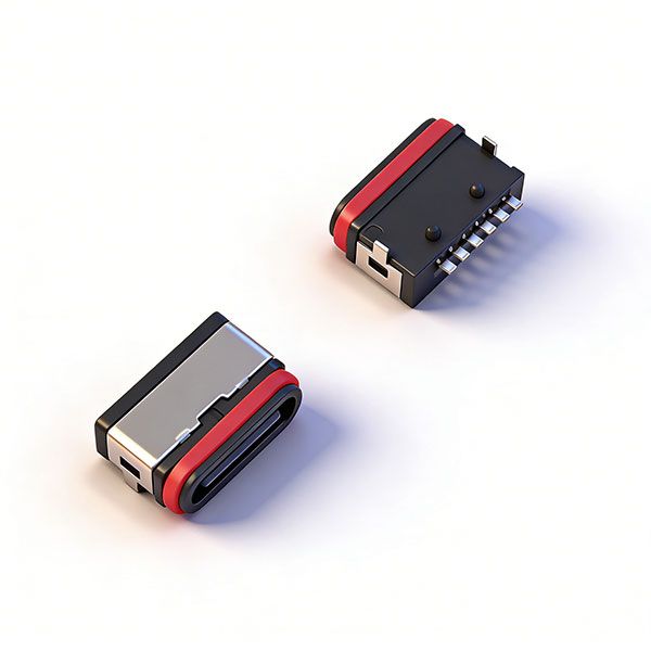 防水TYPE C母座6PIN 板上两脚插板SMT L=6.7 全塑半包型 IP67